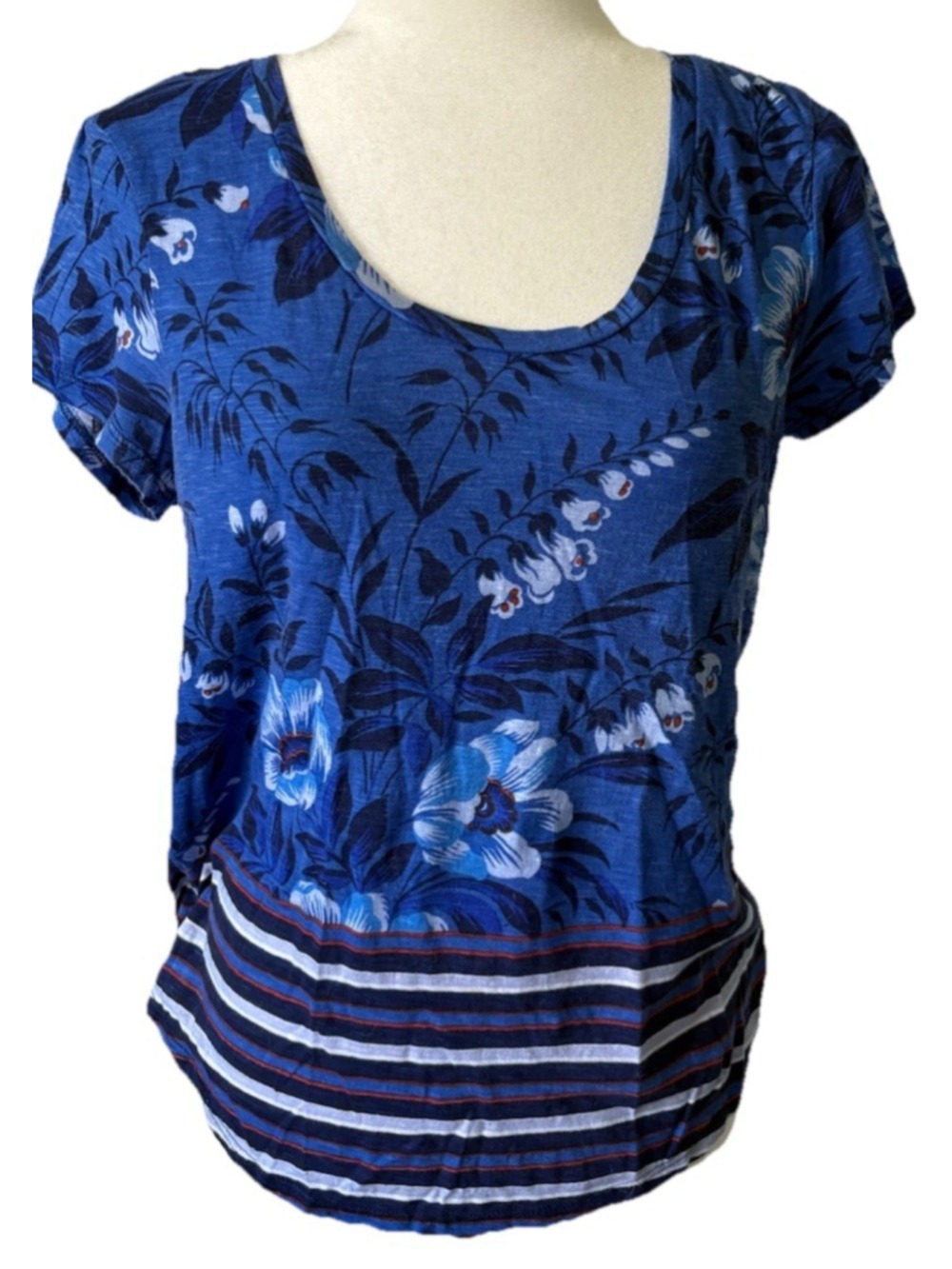 LOFT Ann Taylor Blue Floral Striped Mixed Print Short Sleeve Top Tee Women's S